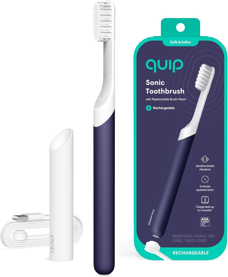 quip Rechargeable Sonic Toothbrush for Adults - Timed Electric Toothbrush with Cover - Replaceable Brush Head, Soft Bristles, Plastic Handle - Travel Toothbrush - Midnight - Image 1